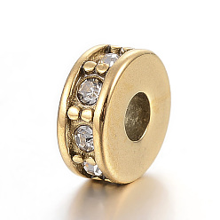 Golden 304 Stainless Steel Bead Spacers, with Rhinestone, Flat Round, Golden, 7x3mm, Hole: 2.5mm