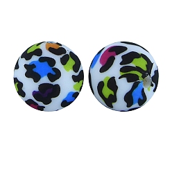 Colorful Round with Leopard Print Pattern Food Grade Silicone Beads, Silicone Teething Beads, Colorful, 15mm