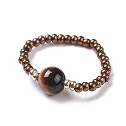 Tiger Eye Natural Tiger Eye Stretch Rings, with Glass Seed Beads, Size 8, 18mm