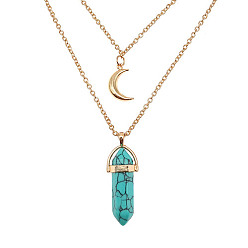 Natural Turquoise Natural Turquoise Cone Pendant Double Layer Necklace, with Moon Charms, 19.69 inch(50cm)