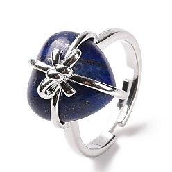 Ляпис-Лазурь Сердечко из натурального окрашенного лазурита с регулируемым кольцом с бантом, украшения из латунной проволоки для женщин, без кадмия и без свинца, платина, размер США 7 1/4~13 (17.5~22.3 мм)