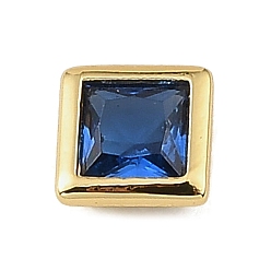 Blue Brass Pave Cubic Zirconia Cabochons, Square, Faceted, Pointed Back, Rack Plating, Long-Lasting Plated, Cadmium Free & Lead Free, Real 18K Gold Plated, Blue, 5.5x5.5x3mm