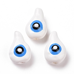 White Enamel Beads, with ABS Plastic Imitation Pearl Inside, Teardrop with Evil Eye, White, 18x11.5x9mm, Hole: 0.9mm