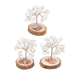 Opalite Synthetic Opalite Chips Tree of Life Decorations, with Wooden Base & Copper Wire, Feng Shui Energy Stone Gift for Home Desktop Decoration, 31~32x29~33x33~50mm