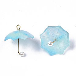 Sky Blue Acrylic Pendants, with Golden Plated Brass Loops and ABS Plastic Imitation Pearl, Umbrella, Sky Blue, 20~21x20x20mm, Hole: 1.6mm