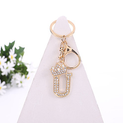 Letter U Crystal Rhinestone Initial Letter with Crown Pendant Keychains, with Light Gold Alloy Findings, Letter.U, 10~10.5cm, alphabet: 40~46x20~45mm