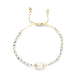 Light Sky Blue Adjustable Pearl & Glass & Brass Braided Beaded Bracelet for Women, Light Sky Blue, Inner Diameter: 1-7/8~2-7/8 inch(4.8~7.3cm)