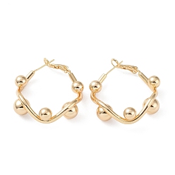 Golden Brass Round Beaded Rhombus Hoop Earrings, with 925 Sterling Silver Pins for Women, Golden, 33x34x10mm