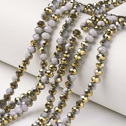 Gray Electroplate Opaque Glass Beads Strands, Half Golden Plated, Faceted, Rondelle, Gray, 4x3mm, Hole: 0.4mm, about 123~127pcs/strand, 16.5~16.9 inch(42~43cm)