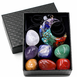 Mixed Stone 7 Chakra Healing Crystal Stones Kits, Including 7 Tumbled Spiritual Chakra Stones and 1 Moon Gems Necklace, 20~30x15~20mm