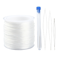 White 1Roll Flat Elastic Crystal String, Elastic Beading Thread, for Stretch Bracelet Making, with High Carbon Steel Big Eye Beading Needles, White, 0.8mm, about 65.61 yards(60m)/roll