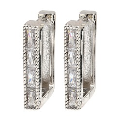 Платина Серьги-кольца из латуни с цирконием, прямоугольные, платина, 18x3x13.5 мм