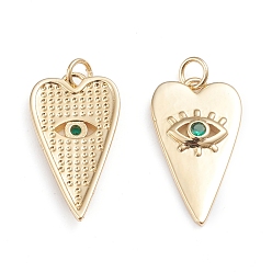 Green Brass Micro Pave Cubic Zirconia Pendants, with Jump Rings, Long-Lasting Plated, Heart with Evil Eye, Real 18K Gold Plated, Green, 24.5x13.5x3mm, Jump Ring: 5x0.8mm, 3.2mm Inner Diameter