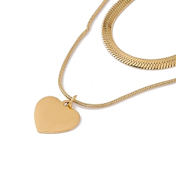 Golden 2Pcs 2 Style Ion Plating(IP) 304 Stainless Steel Heart Pendant Necklaces Set, Herringbone & Snake Chains Stackable Necklaces for Women, Golden, 15.94~17.72 inch(40.5~45cm), 1Pc/style