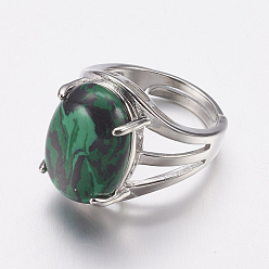 Malachite Synthetic Malachite Wide Band Finger Rings, with Brass Ring Findings, Oval, 18mm