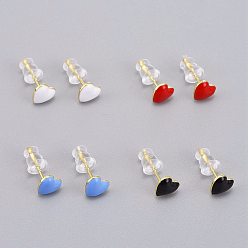 Mixed Color Brass Enamel Stud Earrings, with Plastic Ear Nuts, Long-Lasting Plated, Heart, Real 18K Gold Plated, Mixed Color, 6x6.5mm, Pin: 1mm