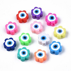 Mixed Color Handmade Polymer Clay Beads, Flower with Evil Eye, Mixed Color, 9x9x4.5mm, Hole: 1.8mm