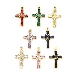 Mixed Color Rack Plating Real 18K Gold Plated Brass Pendants, with Cubic Zirconia, Long-Lasting Plated, Lead Free & Cadmium Free, Cross, Mixed Color, 35x23.5x5mm, Hole: 5X3.5mm