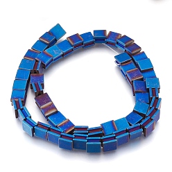 Blue Plated Electroplate Non-magnetic Synthetic Hematite Bead Strands, Frosted, Grooved, Square, Blue Plated, 8x8x5mm, Hole: 1.5mm, about 54pcs/strand, 16.7 inch(42.5cm)