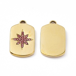 Rose Vacuum Plating 201 Stainless Steel Pendants, with Rhinestone, Real 18K Gold Plated, Oval Rectangle with Star Charms, Rose, 20.5x12.5x2mm, Hole: 1.4mm