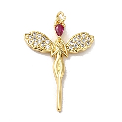 Cerise Rack Plating Brass Micro Pave Cubic Zirconia Pendants, Cadmium Free & Lead Free, Long-Lasting Plated, Real 18K Gold Plated, Fairy, Cerise, 33x24x3.5mm, Hole: 2.8mm