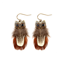 Coconut Brown Feather Owl Dangle Earrings, Gold Plated Alloy Jewelry for Women, Coconut Brown, 60x20mm