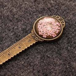 Pink Alloy Ruler Bookmark, Glass Cabochon Bookmark with Dried Queen Anne's Lace Flower Inside, Pink, 120mm
