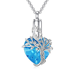 Light Sky Blue Heart with Tree of Life Glass Urn Pendant Necklaces, Stainless Steel Chain Necklaces, Light Sky Blue, 21.65 inch(55cm)