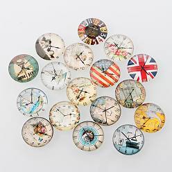 Mixed Color Clock Printed Glass Cabochons, Half Round/Dome, Mixed Color, 25x7mm