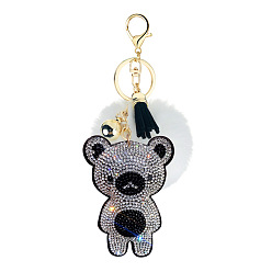 5. White Cute Bear Fur Ball Keychain with Rhinestone and Fluffy Pom-pom Pendant