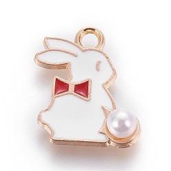 Red Zinc Alloy Bunny Pendants, with Enamel and ABS Plastic Imitation Pearl, Rabbit, Light Gold, Red, 16.5x13.5x1mm, Hole: 1.5mm