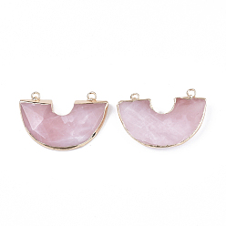 Rose Quartz Electroplate Natural Rose Quartz Semi Circle Pendants, with Iron Findings, Faceted, Half Round, Golden, 28~28.5x41x5~7mm, Hole: 2.5mm