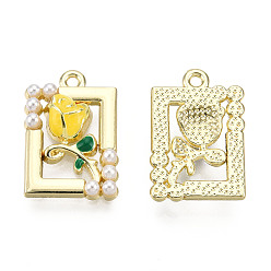 Yellow Rack Plating Alloy Enamel Pendants, with ABS Imitation Pearls Beads, Cadmium Free & Lead Free, Rectangle with Rose, Golden, Yellow, 18.5x12.5x4mm, Hole: 1.2mm