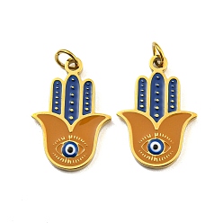 Golden Ion Plating(IP) 304 Stainless Steel Pendants, with Enamel and Jump Ring, Hamsa Hand with Evil Eye Charm, Golden, 17x12x1.5mm, Hole: 2.5mm