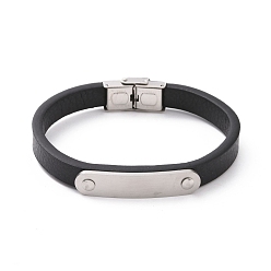 Black Microfiber Cord Bracelet, 201 Stainless Steel Oval Link Punk Wristband for Men Women, Black, 8-3/4 inch(22.1cm)