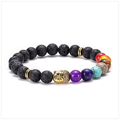 Buddha Head - Ancient Gold Lava Volcano Stone Leopard Lion Owl Bracelet with Seven Chakra Stones and Natural Buddha Head Beads
