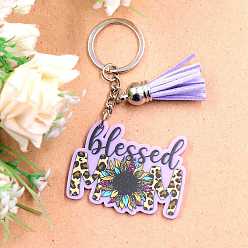 Lilac Glitter Word Blessed Mom with Sunflower Acrylic Pendant Keychain, with Tassel and Iron Findings, for Mother's day Gift Keychain, Lilac, 3.8x5cm