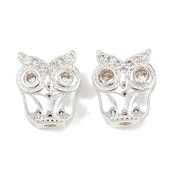 Посеребрённый Латунные микро проложить кубического циркония бусы, сова, 925 серебро покрытием, 12x10.5x5 мм, отверстие : 1.6 мм