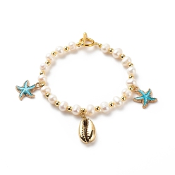 Gold Natural Shell & Alloy Enamel Starfish Charms Bracelet, Natural Pearl Beads Bracelet for Women, Gold, 7 inch(17.9cm)