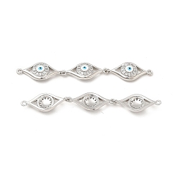 White Brass Micro Pave Clear Cubic Zirconia Connector Charms, with Enamel, 3 Evil Eye Links, Platinum, White, 63x10x3.8mm, Hole: 1.4mm