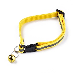 Yellow Adjustable Polyester Reflective Dog/Cat Collar, Pet Supplies, with Iron Bell and Polypropylene(PP) Buckle, Yellow, 21.5~35x1cm, Fit For 19~32cm Neck Circumference