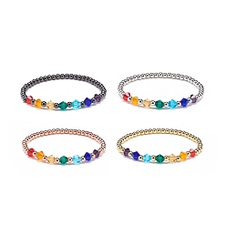 Mixed Color 4Pcs 4 Color Glass Bicone & Brass Round Beaded Stretch Bracelets Set for Women, Mixed Color, Inner Diameter: 2 inch(5.2cm), 1Pc/color