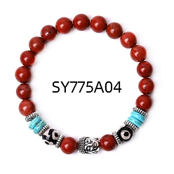 Red Jasper Natural Red Jasper & Synthetic Turquoise Stretch Bracelet, Buddhist Head Alloy & dZi Bracelet, 7-1/4 inch(18.5cm)