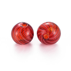 FireBrick Transparent Handmade Blown Glass Globe Beads, Stripe Pattern, Round, FireBrick, 13.5~14.5mm, Hole: 1~2mm