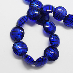 Blue Handmade Silver Foil Glass Beads, Flat Round, Blue, 20x20x5mm, Hole: 3mm