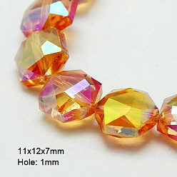 Dark Orange Electroplate Glass Beads, Half Plated, Faceted, Hexagon, Dark Orange, 11x12x7mm, Hole: 1mm