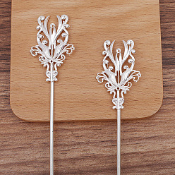 Platinum Alloy Flower Hair Sticks, with Iron Stick and Loop, Long-Lasting Plated Hair Accessories for Women, Platinum, 30mm, Flower: 46x30mm,  Sticks: 120x2.5mm