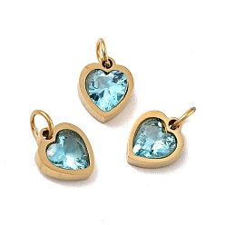 Cyan Vacuum Plating 304 Stainless Steel Pendants, with Cubic Zirconia and Jump Rings, Single Stone Charms, Heart, Golden, Cyan, 9x8x3mm, Hole: 3.6mm