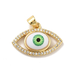 Green Brass Micro Pave Cubic Zirconia Pendants, with Acrylic, Cadmium Free & Lead Free, Long-Lasting Plated, Evil Eye, Real 18K Gold Plated, Green, 15x22.5x6mm, Hole: 4x3.5mm
