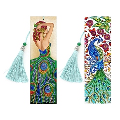 Peacock 2Pcs DIY Diamond Painting Bookmarks Kits, including Resin Rhinestones, Diamond Sticky Pen, Tray Plate and Glue Clay, Peacock, 210x60mm